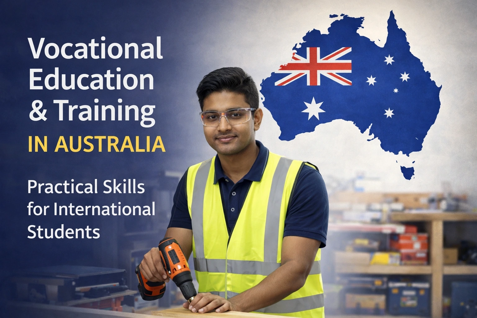 Student learning vocational education and training (VET) in Australia, practical hands-on skills in a workshop with Australian map background