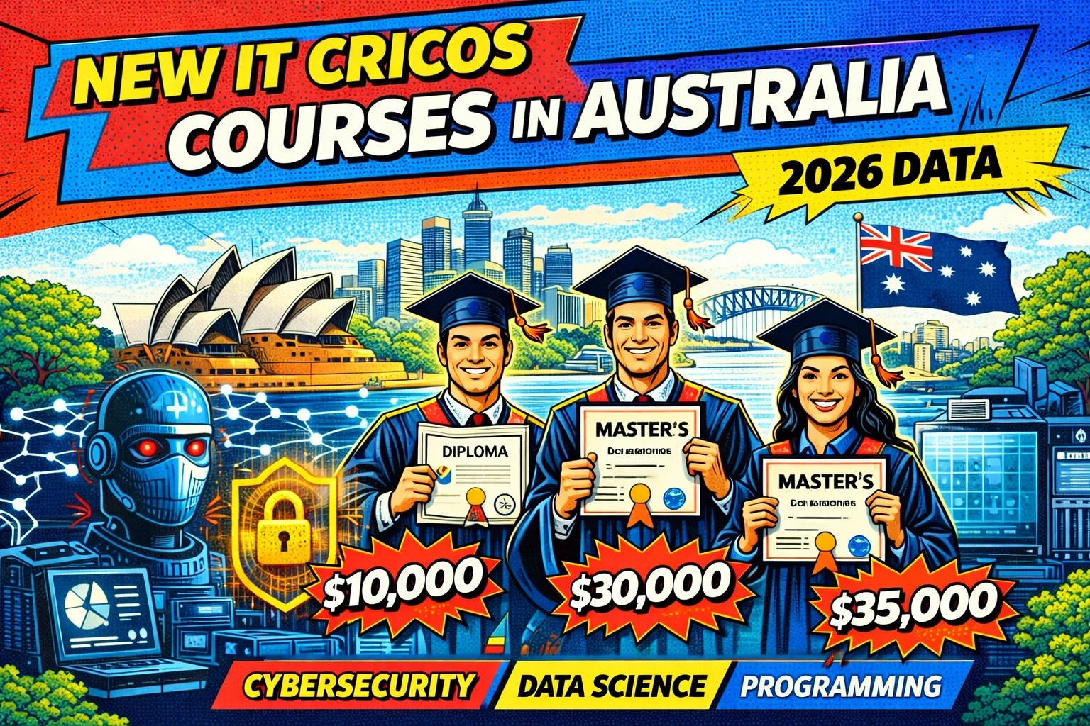 New IT CRICOS courses in Australia 2026 infographic showing real programs, tuition fees, and top universities