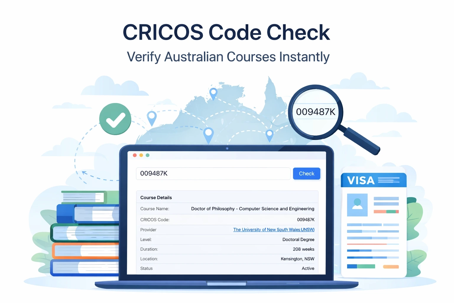 CRICOS code check tool interface showing course verification result with provider, duration and location
