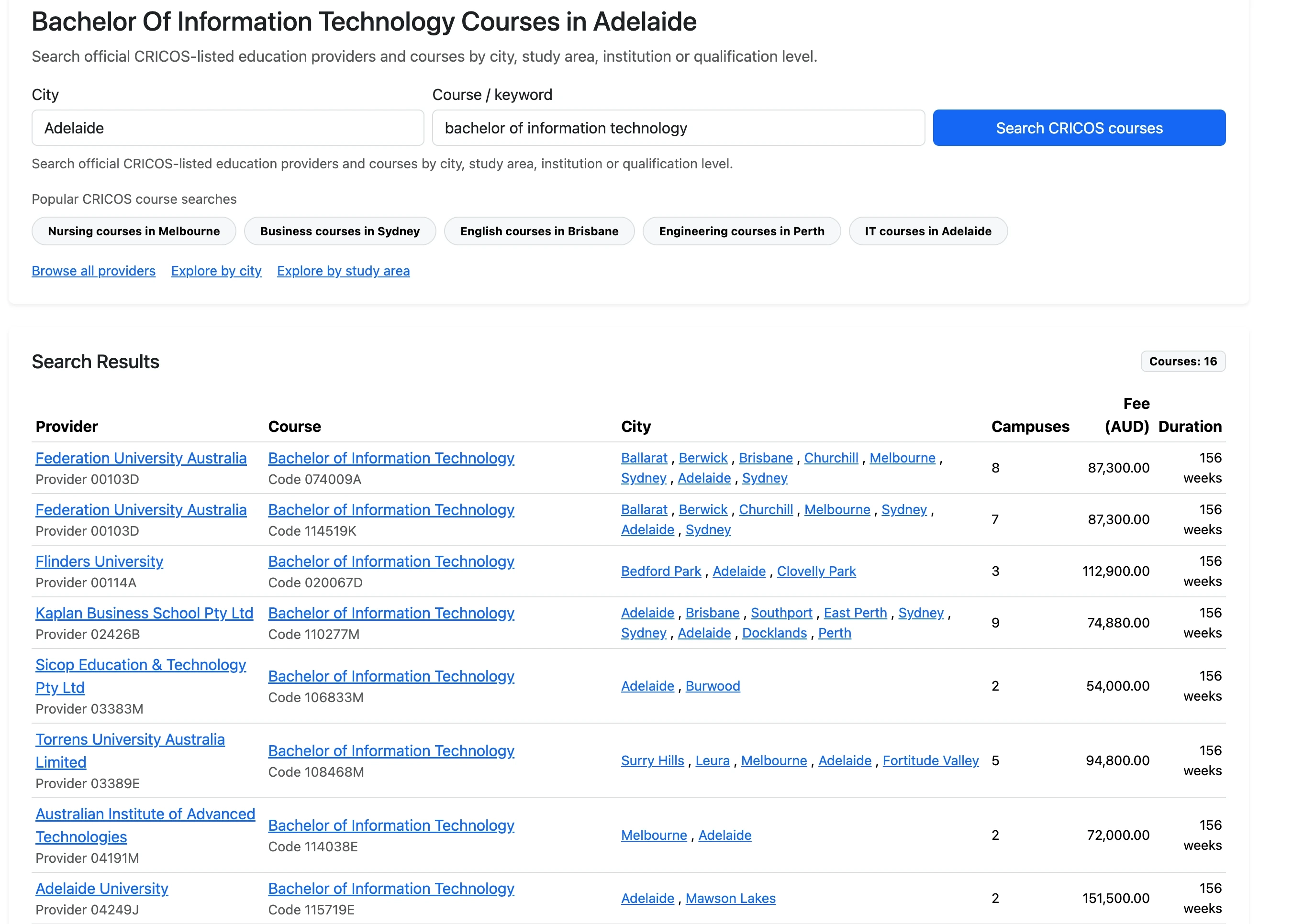 CRICOS IT courses search Adelaide results example Australian providers