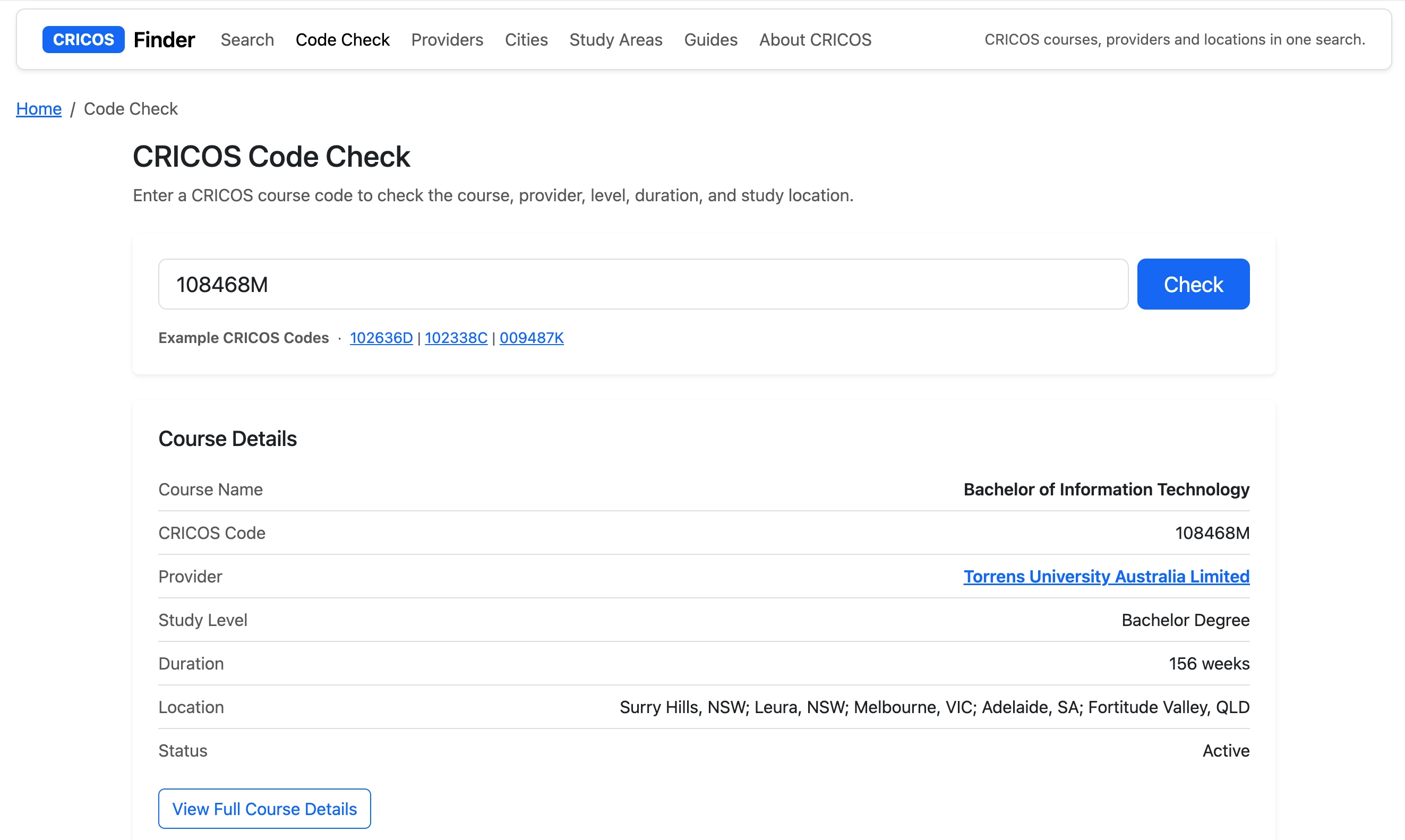 CRICOS code check verification interface validating course code Australia