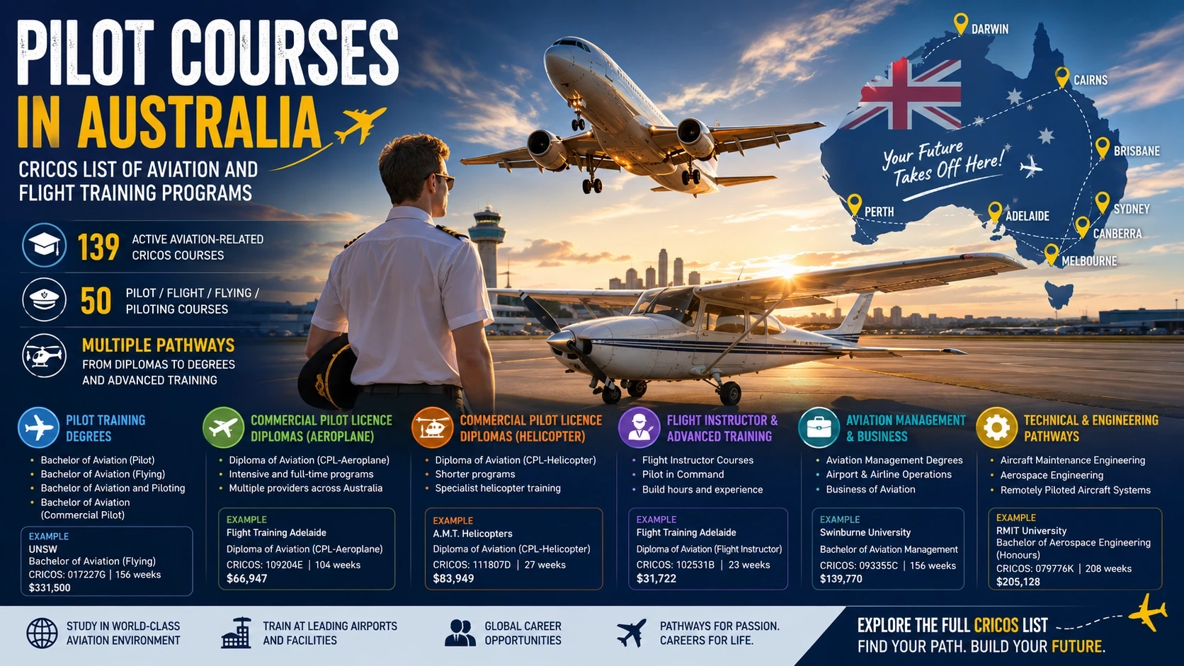 Infographic poster about CRICOS pilot courses in Australia, showing aviation degrees, commercial pilot licence diplomas, helicopter training, flight instructor programs, aviation management and aerospace engineering pathways.