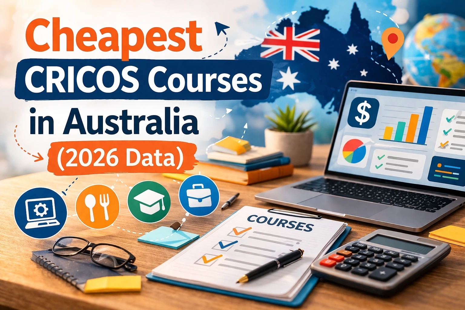 Laptop showing a table of affordable CRICOS courses in Australia with calculator and price tags