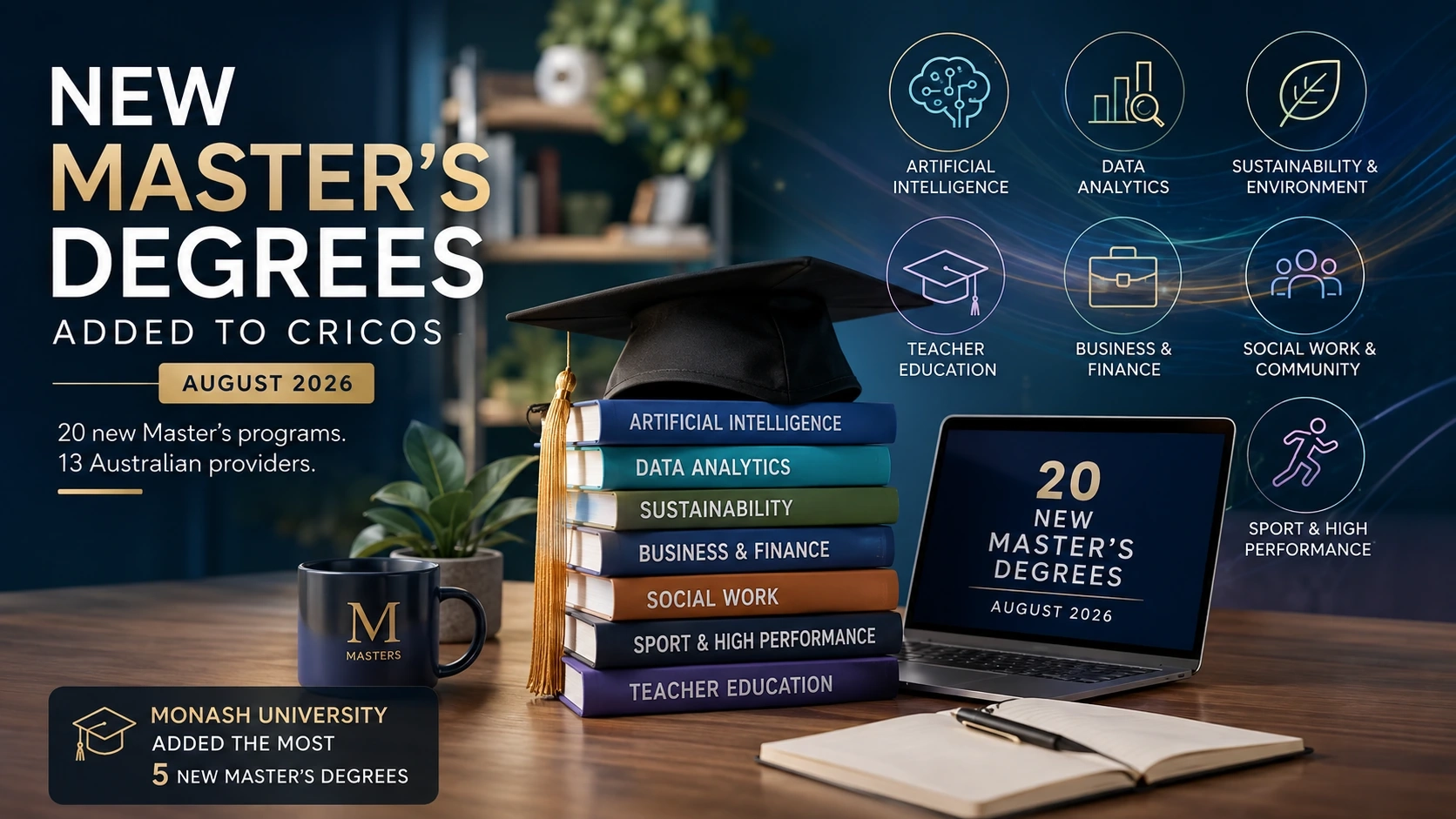 20 new Master’s degrees were added to Australia’s CRICOS register in August 2026, spanning AI, education, sustainability and business.